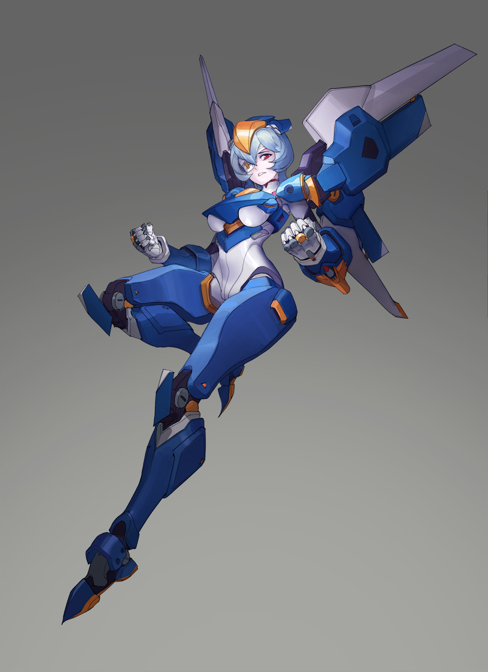 1girl, armor, armored_boots, ayanami_rei, bandage, blue_hair, bodysuit, boots, breasts, clenched_hands, cosplay, eyepatch, full_body, gauntlets, gradient, gradient_background, greaves, head_mounted_display, helmet, highres, jetpack, kelvin_chan, looking_at_viewer, mecha, mecha_musume, medium_breasts, neon_genesis_evangelion, one_eye_covered, overwatch, parted_lips, pharah_(overwatch), pharah_(overwatch)_(cosplay), pilot_suit, plugsuit, power_armor, power_suit, red_eyes, short_hair, shoulder_pads, solo, teeth, thrusters, turtleneck, under_boob, white_bodysuit