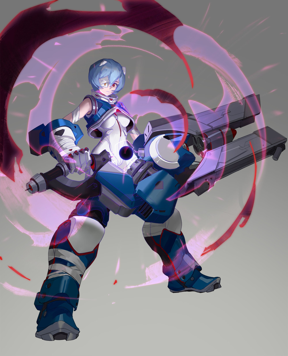 1girl, armband, armor, armored_boots, ayanami_rei, bandage, bandaged_arm, blue_boots
