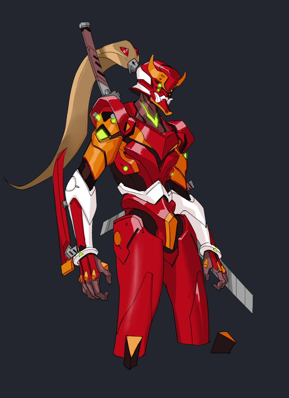 1boy, android, armor, arms_at_sides, black_background, bodysuit, brown_gloves, cosplay, cowboy_shot, eva_02, eva_02_(cosplay), evangelion:_3.0_you_can_(not)_redo, gauntlets, gloves, glowing, glowing_eyes, high_ponytail, highres, katana, kelvin_chan, legs_apart, male_focus, mask, neon_genesis_evangelion, pauldrons, ponytail, rebuild_of_evangelion, scabbard, sheath, sheathed, simple_background, souryuu_asuka_langley, standing, sword, weapon, weapon_on_back