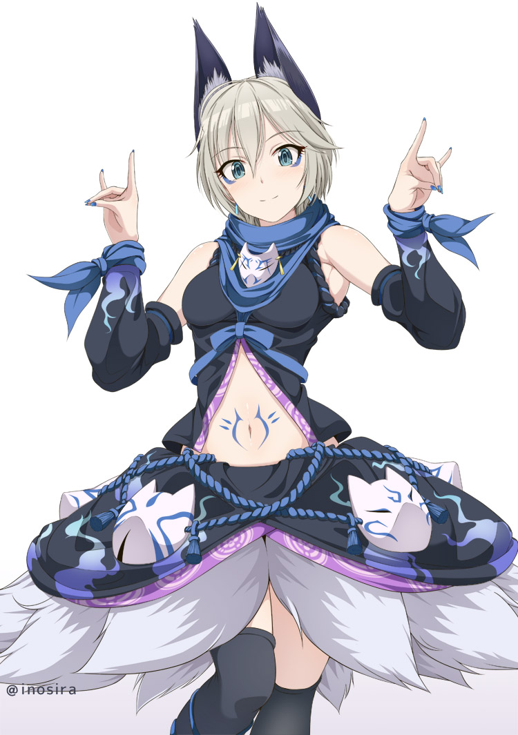 1girl, anastasia_(idolmaster), animal_ears, bare_shoulders, black_legwear, black_skirt, blue_eyes, blue_nails