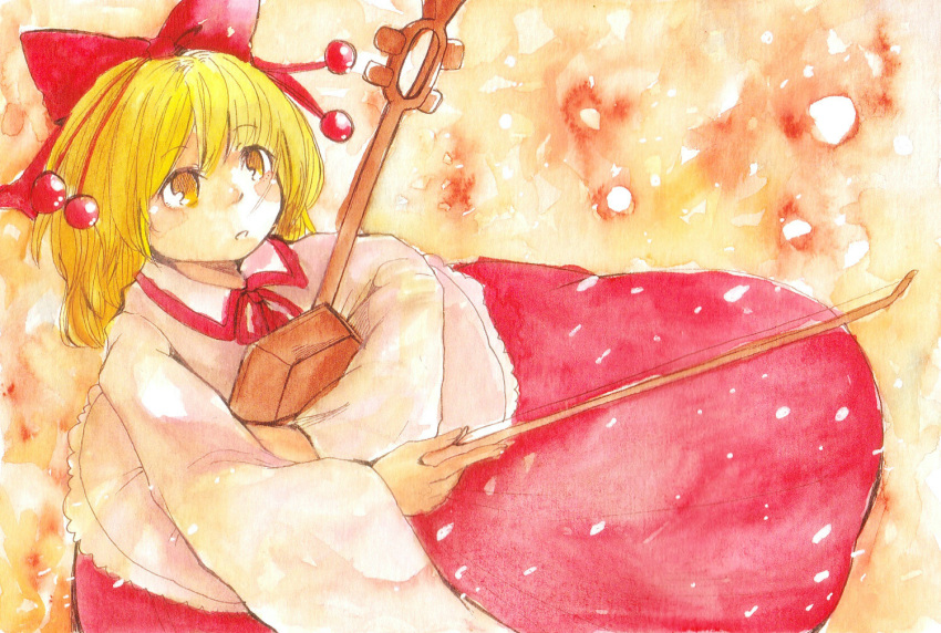 1girl, blonde_hair, bow_(instrument), erhu, hair_ribbon, instrument, ribbon, satsuki_rin