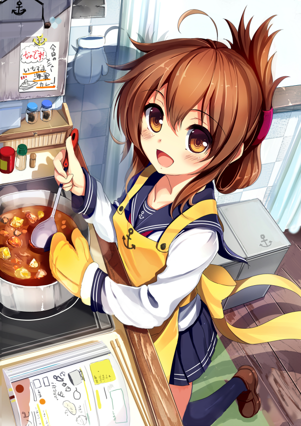 1girl, akabane_(zebrasmise), anchor_symbol, apron, bangs, black_legwear, blouse, blue_legwear, blue_skirt, brown_hair, brown_shoes, commentary_request, cooking, folded_ponytail, inazuma_(kantai_collection), indoors, kantai_collection, kneehighs, ladle, loafers, long_hair, long_sleeves, looking_at_viewer, miniskirt, nanodesu_(phrase), open_mouth, oven_mitts, pleated_skirt, school_uniform, serafuku, shoes, skirt, smile, solo, standing, stove, striped, striped_skirt, translated, white_blouse