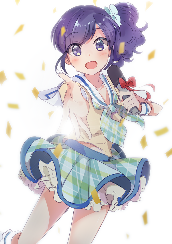 1girl, :d, aikatsu!, bangs, blue_eyes, blue_hair, blurry, bow