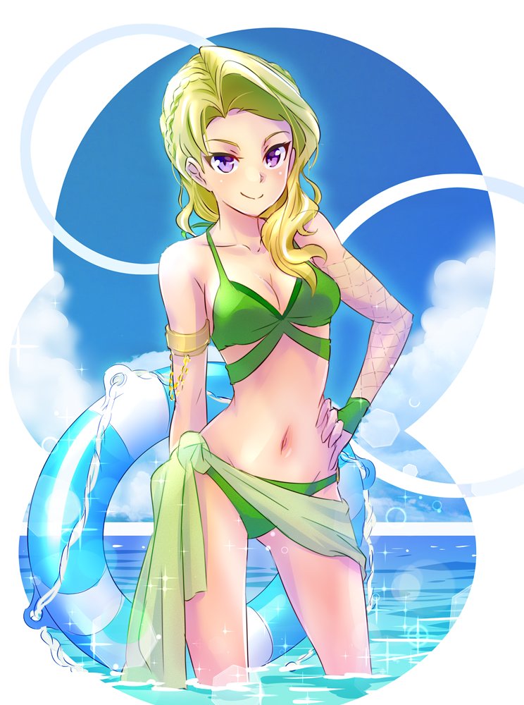 1girl, armlet, bikini, blonde_hair, blue_sky, braid, breasts, chains