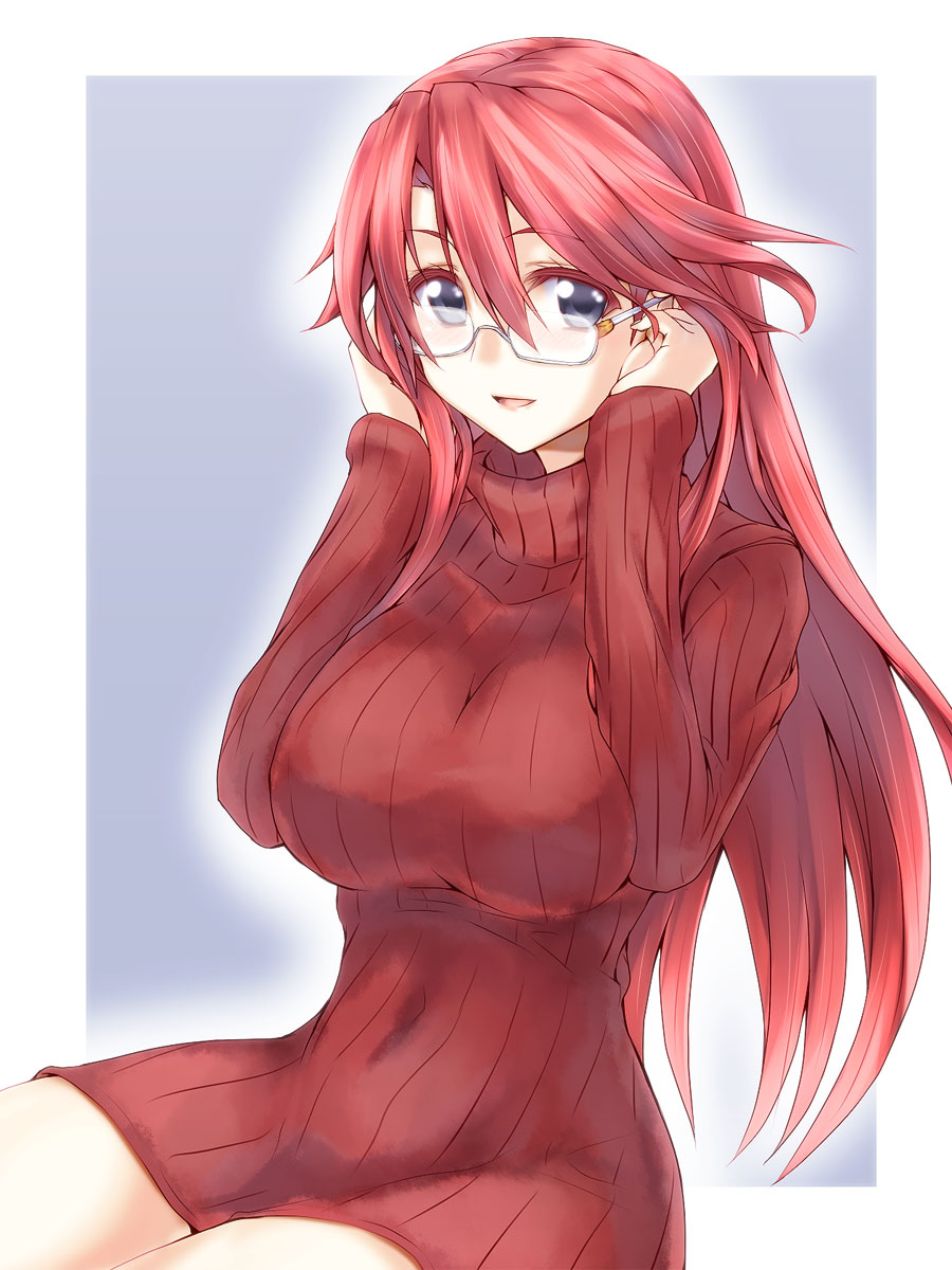 1girl, :d, adjusting_glasses, aty_(summon_night), blue_eyes, breasts, commentary, erect_nipples