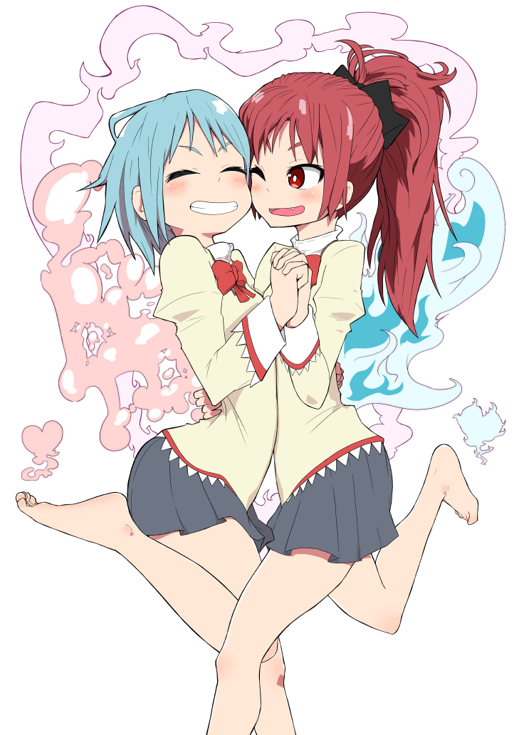 2girls, barefoot, blue_hair, blush, bow, bowtie, cheek-to-cheek, closed_eyes