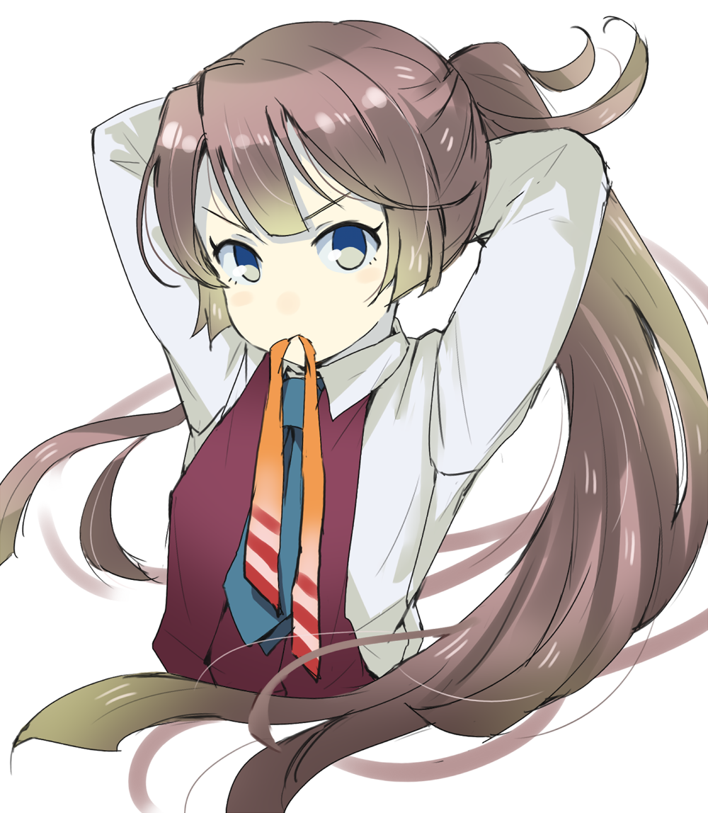10s, 1girl, adjusting_hair, blue_necktie, brown_hair, dress, gedou_(ge_ge_gedou), grey_eyes