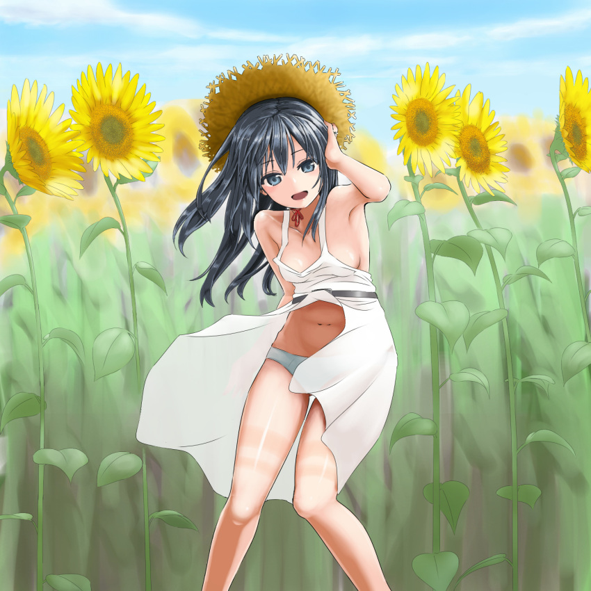 10s, 1girl, asashio_(kantai_collection), black_hair, blue_eyes, breasts, dress, flower