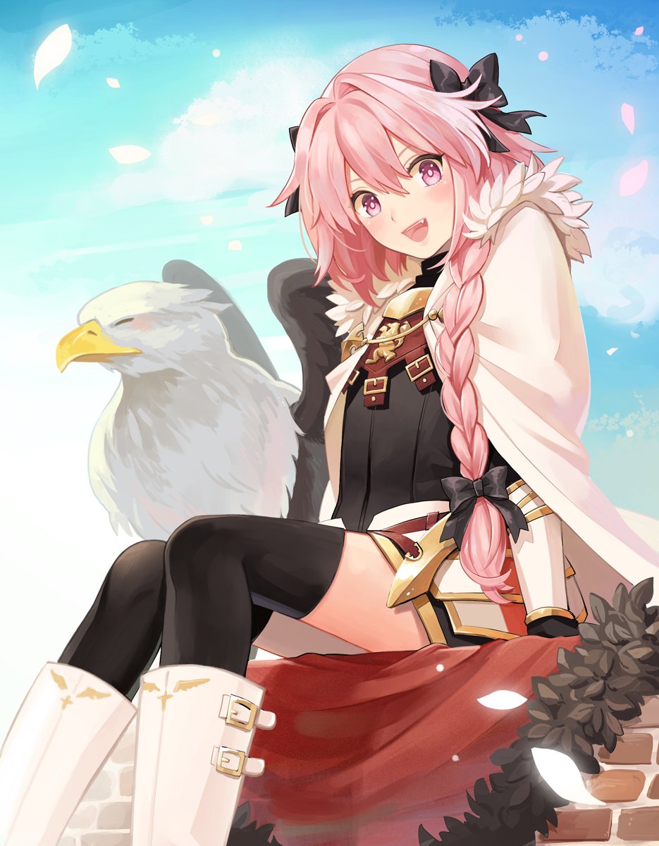 1boy, bird, black_legwear, blush, braid, cape, fate/apocrypha, fate/grand_order
