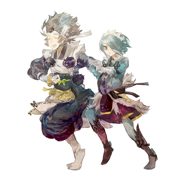 1boy, 1girl, asama_(fire_emblem_if), closed_eyes, fire_emblem, fire_emblem_if, hair_over_one_eye, hand_holding, holding, japanese_clothes, running, setsuna_(fire_emblem_if), shourou_kanna, simple_background, smile, white_background
