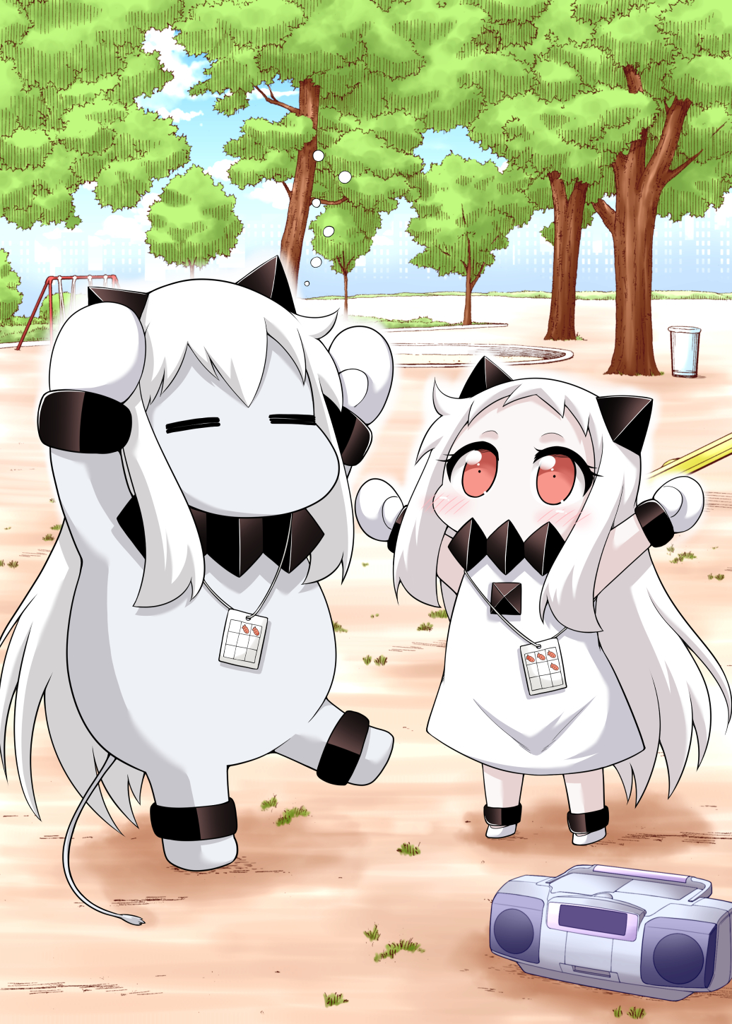 10s, 2girls, arms_up, blush_stickers, closed_eyes, collar, comic, commentary_request