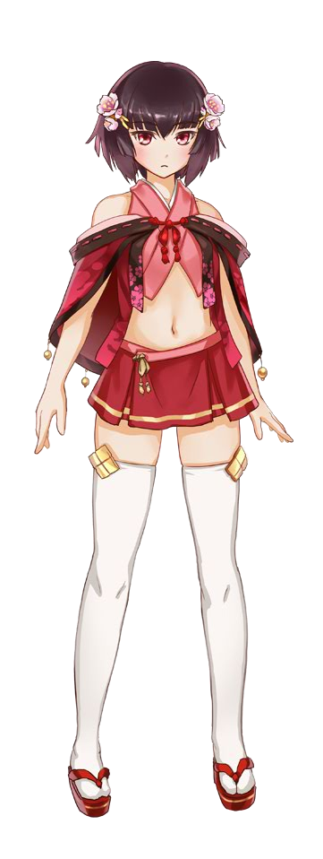 1girl, bare_shoulders, brown_hair, capelet, flower, full_body, hair_flower, hair_ornament, kawamatsu_yoshinori, midriff, navel, official_art, oshiro_project, oshiro_project_re, red_eyes, red_skirt, shinpu_(oshiro_project), short_hair, skirt, sleeveless, thigh-highs, transparent_background