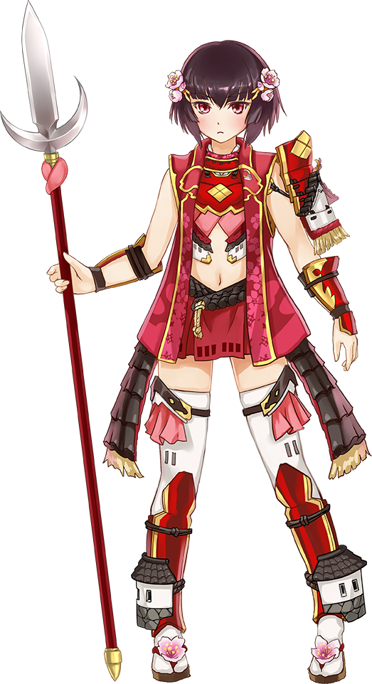1girl, boots, brown_hair, flower, full_body, hair_flower, hair_ornament, holding_spear