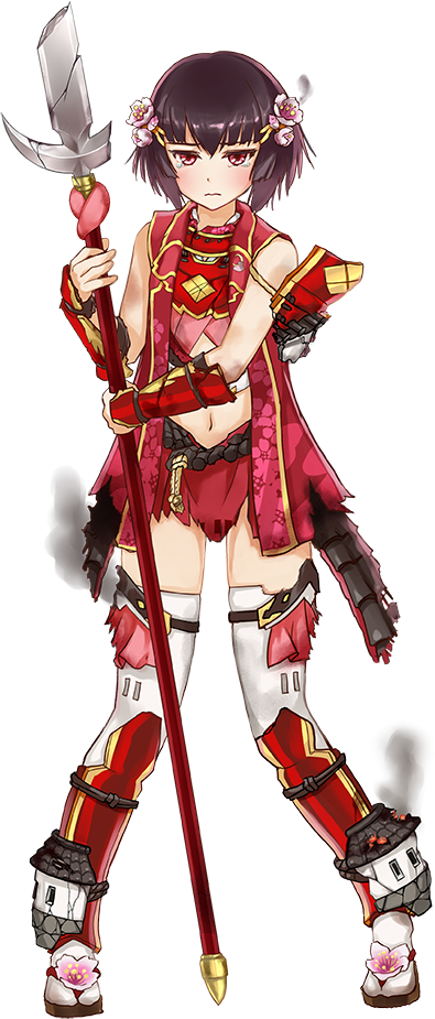 1girl, boots, broken, broken_spear, broken_weapon, brown_hair, flower, full_body