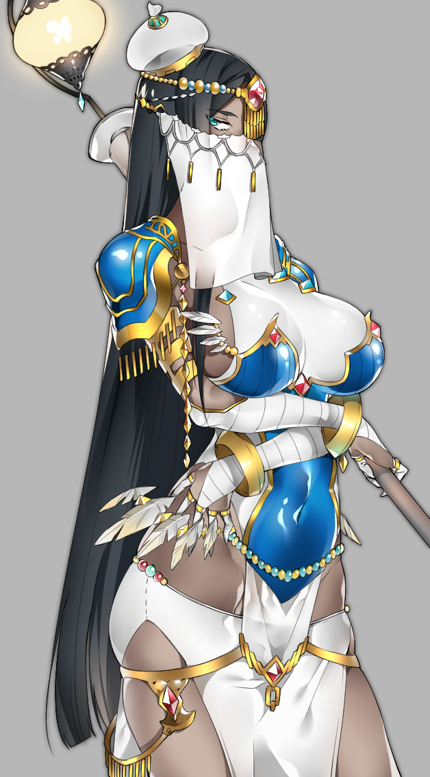 aqua_eyes, black_hair, breasts, caster_of_the_nocturnal_castle, erect_nipples, fate/grand_order, fate_(series), grey_background