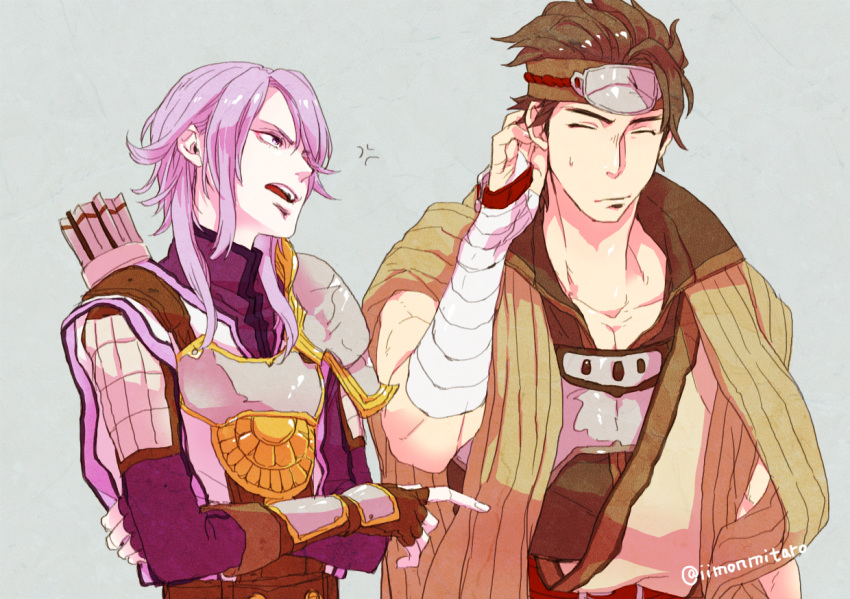 2boys, adusa, angry, armor, arrow, artist_name, bandage, brown_hair