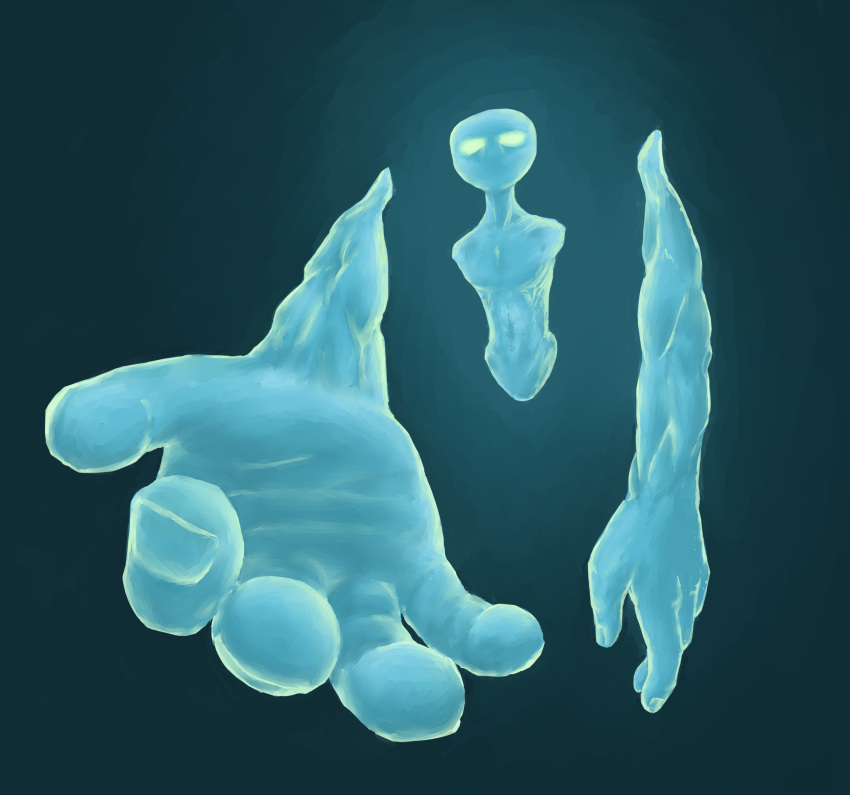 absurdres, alien, ben_saint, blue, blue_skin, detached_arms, foreshortening, glowing