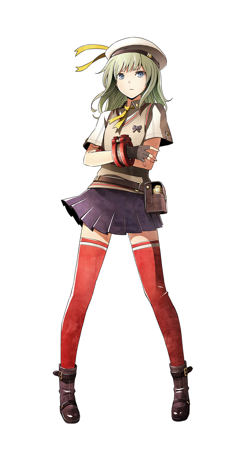 1girl, bangs, blue_eyes, boots, crossed_arms, erina_der_vogelweid, fingerless_gloves, full_body, gloves, god_eater, god_eater_2:_rage_burst, green_hair, hat, highres, looking_at_viewer, official_art, pleated_skirt, red_legwear, short_sleeves, simple_background, skirt, standing, sweater_vest, thigh-highs, white_background, zettai_ryouiki