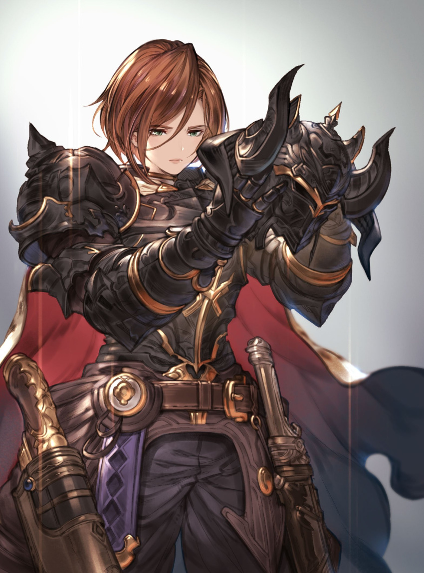 1girl, apollonia_vaar, armor, black_armor, brown_hair, cape, commentary_request, gauntlets