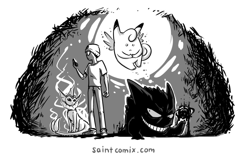 1boy, absurdres, beanie, ben_saint, clefable, fins, gengar, glowing