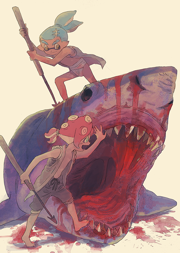 2boys, blood, blue_hair, corpse, domino_mask, fundoshi, green_eyes, harpoon