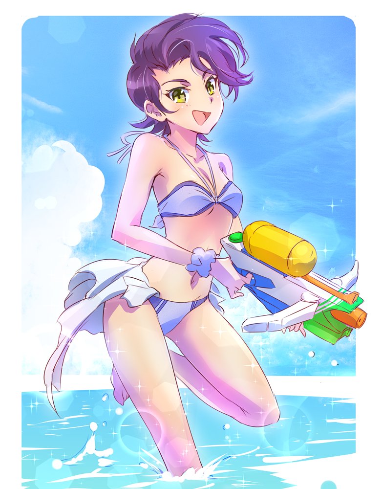 1girl, bikini, bow_(weapon), breasts, cleavage, crossbow, happy, iesupa, navel, nebula_violette, purple_hair, rwby, sparkle, swimsuit, water, water_gun, weapon, wet, yellow_eyes