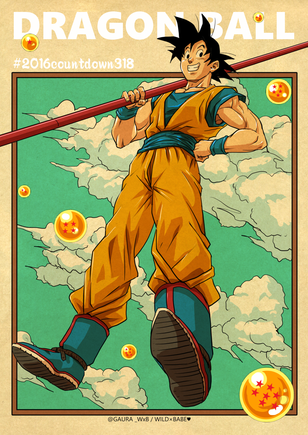 1boy, 2016, artist_name, black_eyes, black_hair, boots, clouds, dougi, dragon_ball, dragon_ball_(object), gaura_(wildxbabe), grin, hand_on_hip, highres, looking_at_viewer, number, nyoibo, sky, smile, solo_focus, son_gokuu, spiky_hair, text, twitter_username, wristband