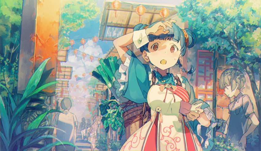 3boys, 3girls, architecture, backpack, bag, blurry, braid, brown_eyes