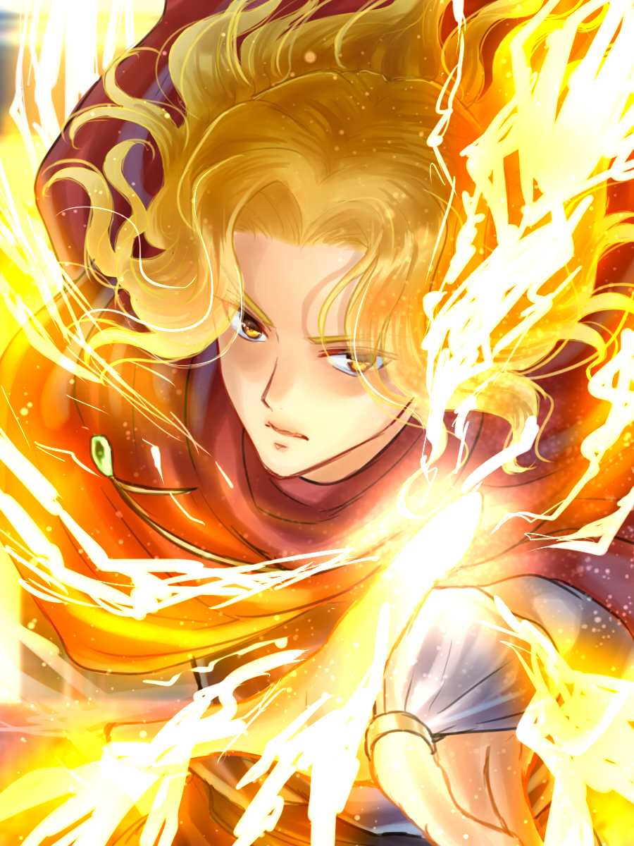 1boy, blonde_hair, cape, electricity, ellerean, fire_emblem, fire_emblem:_shin_monshou_no_nazo, highres