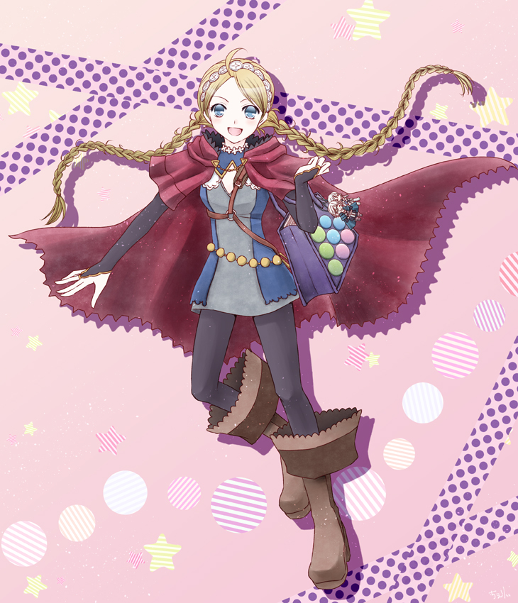 1girl, ahoge, bag, blonde_hair, blue_eyes, boots, braid, capelet, cheryi, eponine_(fire_emblem_if), fire_emblem, fire_emblem_if, hairband, long_hair, male_my_unit_(fire_emblem_if), my_unit_(fire_emblem_if), open_mouth, solo, star, stuffed_toy, twin_braids, zero_(fire_emblem_if)