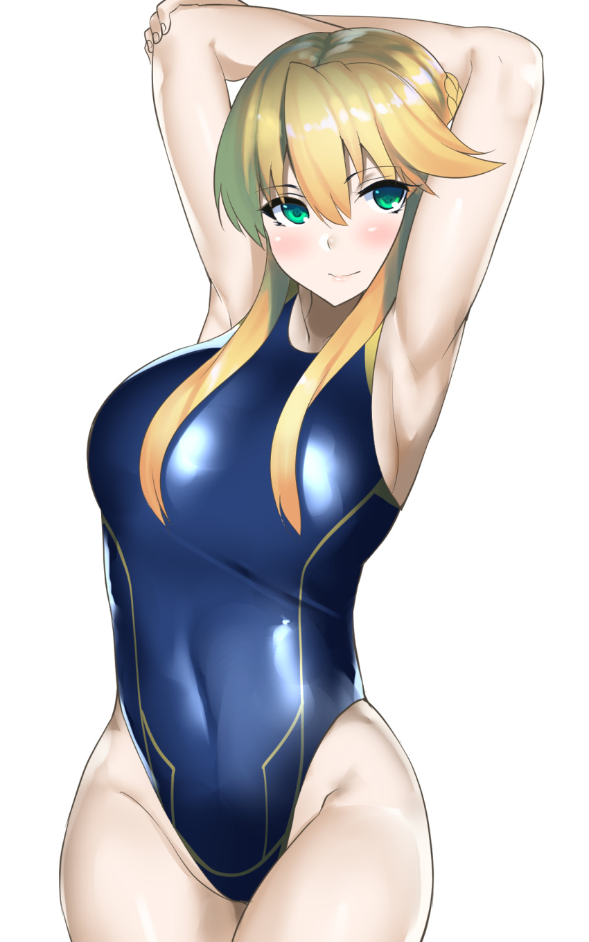 1girl, aqua_eyes, armpits, arms_up, artoria_pendragon_lancer_(fate/grand_order), blonde_hair, breasts, fate/grand_order