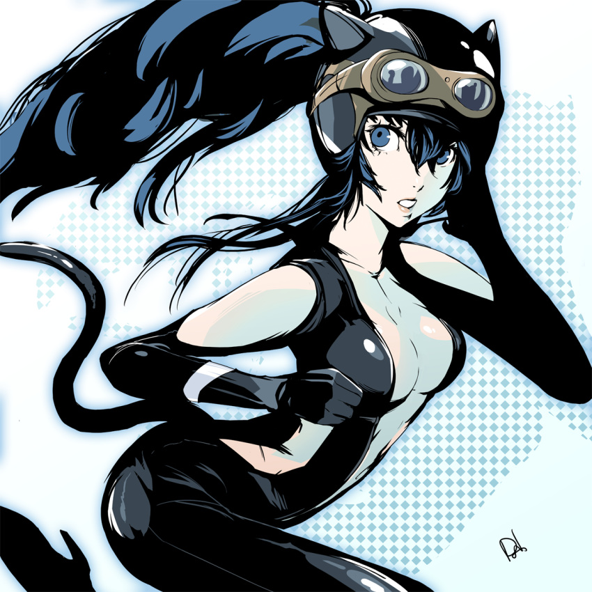 1girl, blue_eyes, blue_hair, breasts, cosplay, dh_(brink_of_memories), gravity_daze, highres, kitten_(gravity_daze), kitten_(gravity_daze)_(cosplay), long_hair, looking_at_viewer, official_style, persona, persona_4, shirogane_naoto, signature, skin_tight, solo, tail
