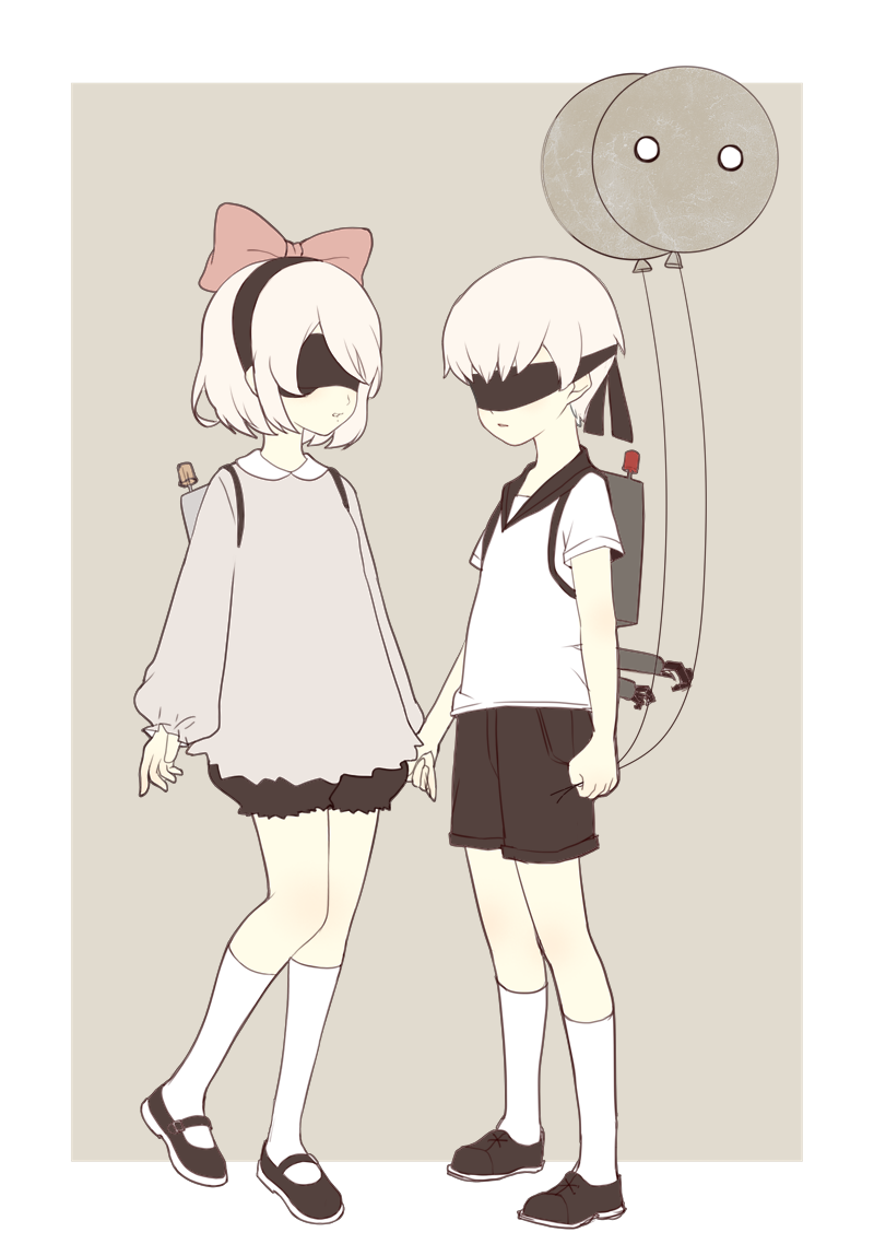 1boy, 1girl, balloon, blindfold, choker, full_body, gloves, hairband
