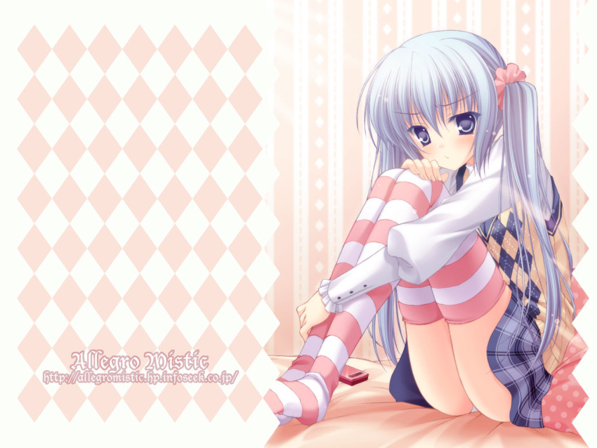 akane_(allegro_mistic), bed, blue_eyes, blue_hair, original, pillow, skirt, thigh-highs