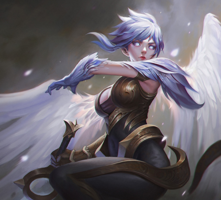 1girl, angel_wings, blue_eyes, breasts, cleavage, closed_mouth, dao_trong_le, dawnbringer_riven