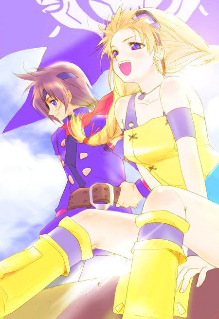 1boy, 1girl, :d, aika_thompson, akio_(mememe), eternal_arcadia, flight_goggles, open_mouth, sega, skies_of_arcadia, smile, twin_braids, twintails, vyse, vyse_inglebard