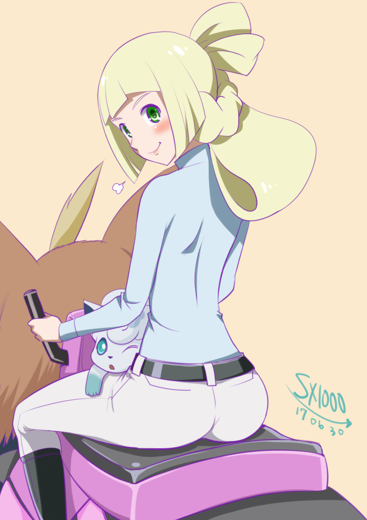 alolan_vulpix, ass, back, bangs, belt, blonde_hair, blunt_bangs, blush