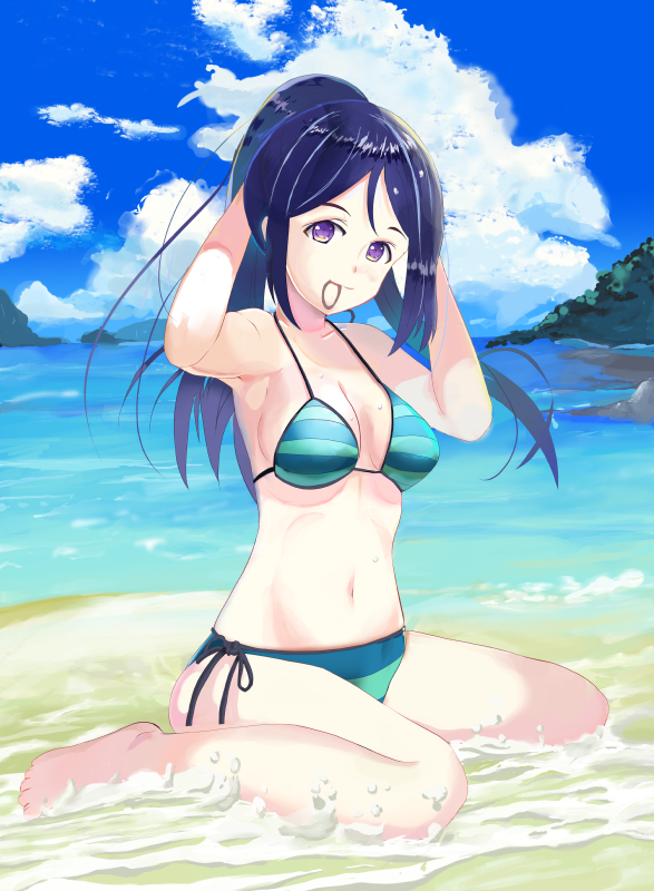 1girl, barefoot, beach, bikini, blue_hair, breasts, club, day