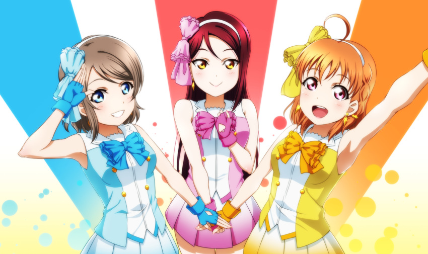 3girls, ahoge, anibache, arm_up, blue_bow, blue_eyes, blue_gloves, blush