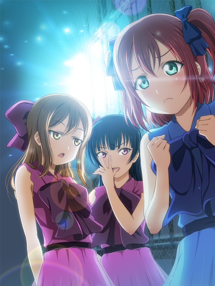 3girls, anibache, aqua_eyes, blue_bow, blue_hair, blue_skirt, blush, bow, brown_hair, eyebrows_visible_through_hair, hair_bow, kunikida_hanamaru, kurosawa_ruby, looking_at_viewer, looking_away, love_live!, love_live!_sunshine!!, multiple_girls, open_mouth, pink_bow, pink_eyes, purple_bow, purple_skirt, redhead, short_hair, short_twintails, skirt, sleeveless, smile, sweatdrop, tsushima_yoshiko, twintails, v, yellow_eyes, yume_de_yozora_wo_terashitai