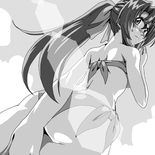 blush, hair_ribbon, hayate_no_gotoku!, lowres, maria, monochrome, ponytail, ribbon