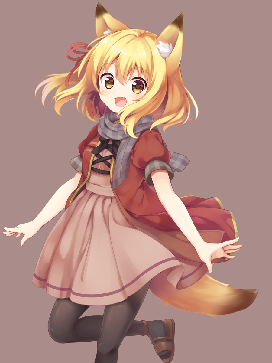 1girl, animal_ears, blonde_hair, bow, fang, fox_ears, fox_tail, hair_bow