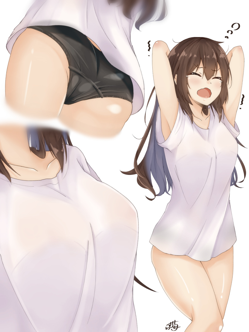1girl, armpits, arms_up, ass, bare_arms, bare_legs, black_panties, blush