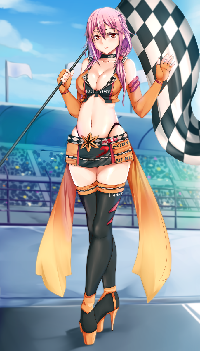 1girl, black_legwear, blush, breasts, checkered, checkered_flag, cleavage, eyebrows_visible_through_hair