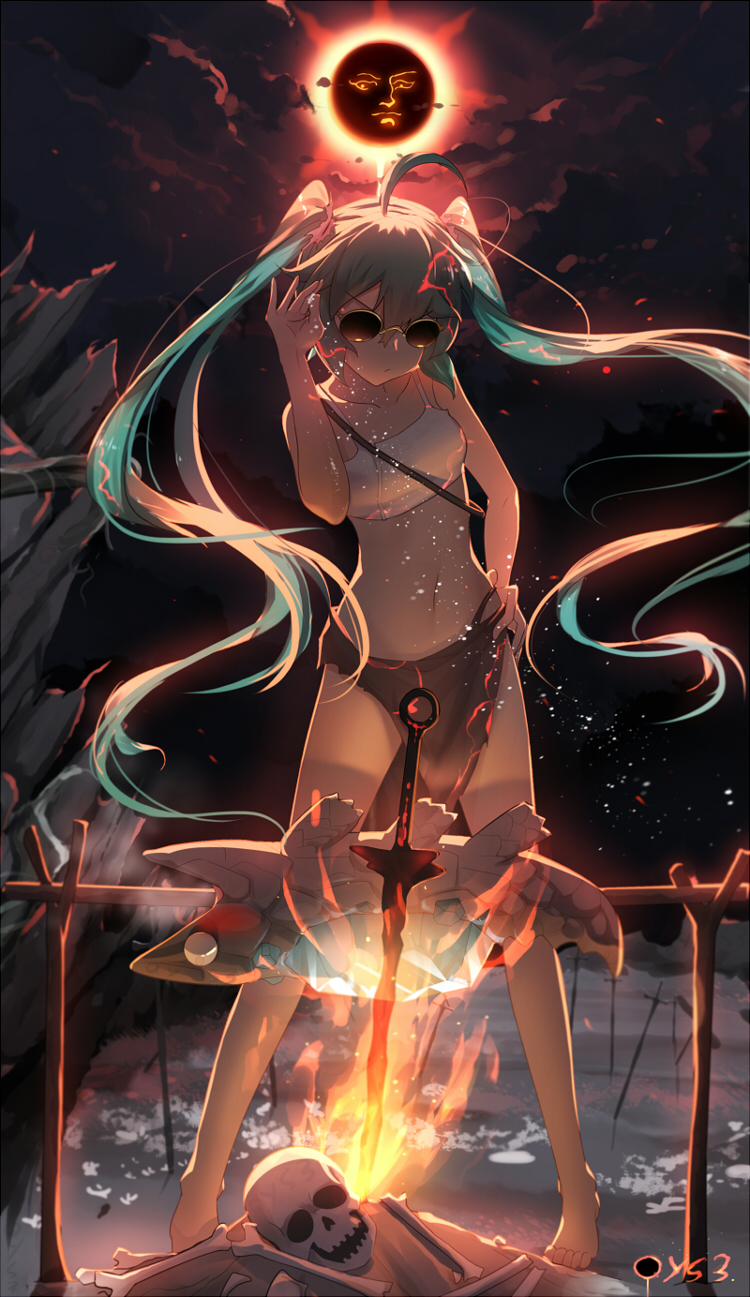 1girl, ahoge, aqua_hair, bai_yemeng, barefoot, bone, bonfire, campfire