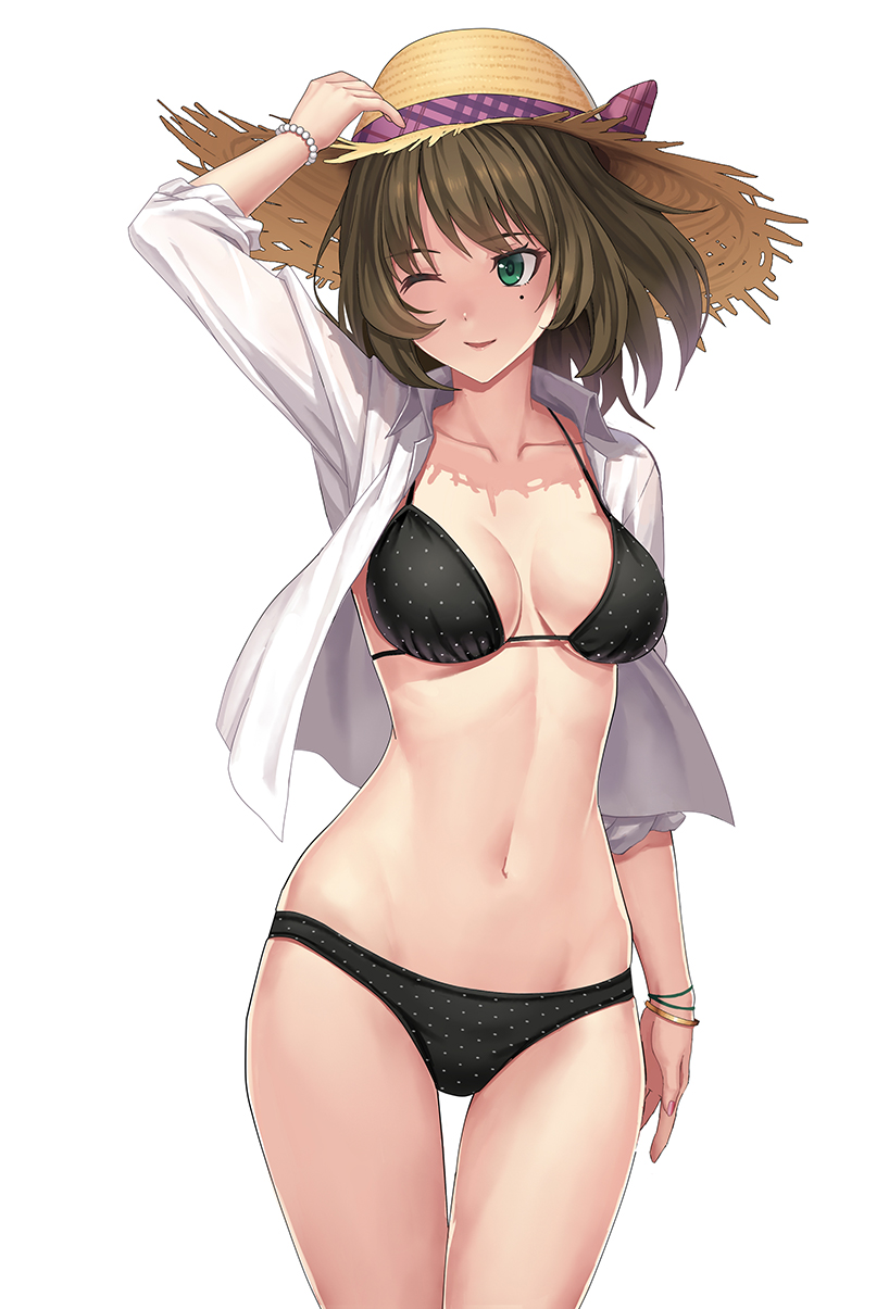 1girl, arm_up, bangs, bead_bracelet, beads, bikini, black_bikini, bracelet