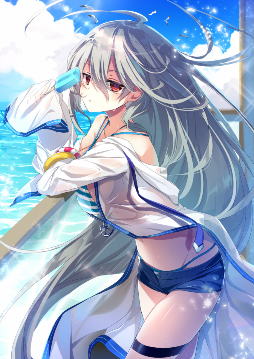 1girl, absurdres, blush, breasts, cleavage, collarbone, denim, denim_shorts