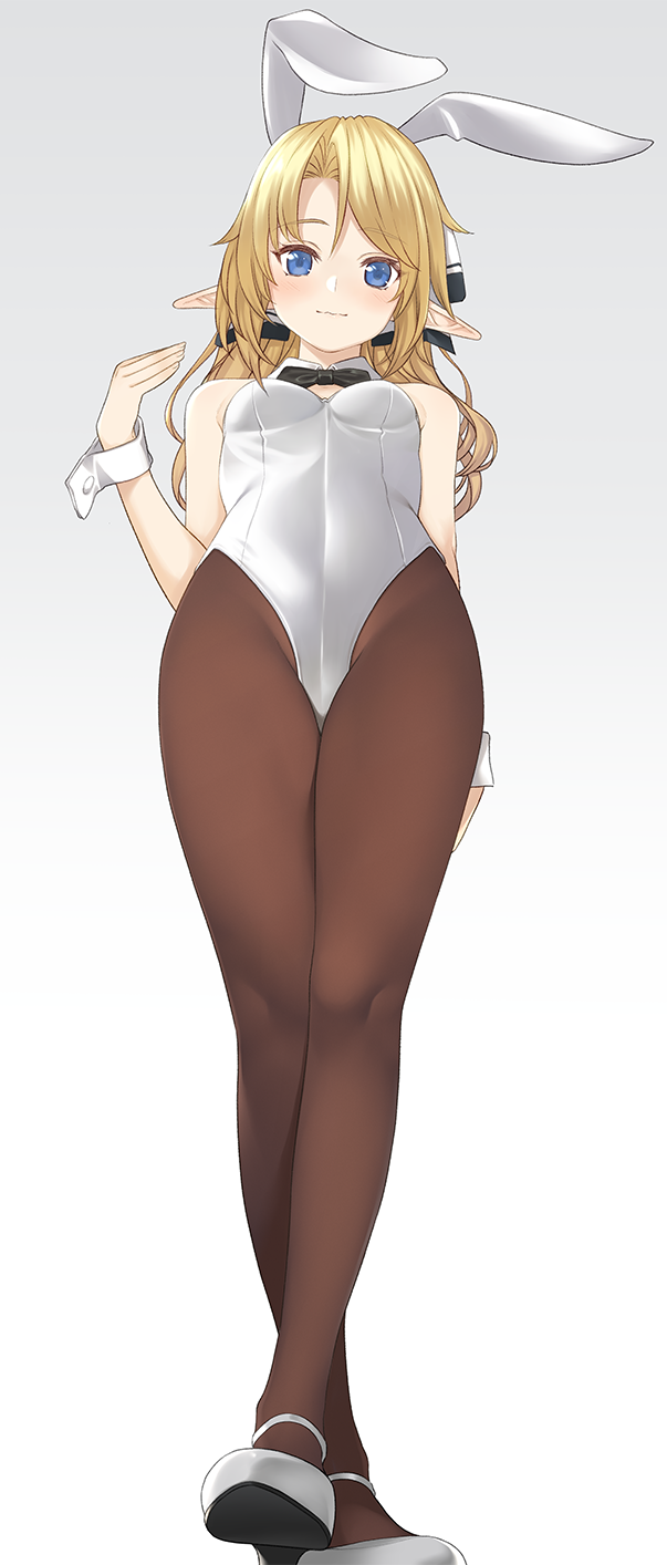 1girl, animal_ears, bangs, bare_shoulders, black_bow, black_bowtie, black_legwear, blonde_hair