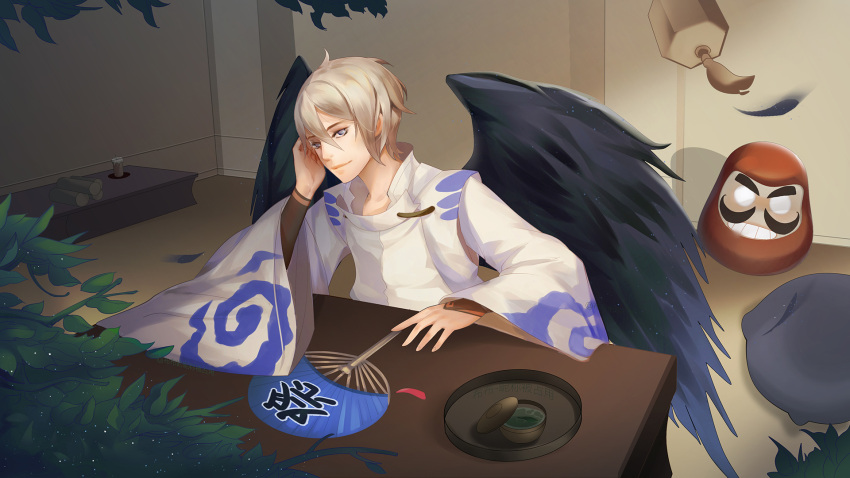 1boy, black_wings, candle, daitengu, daruma_doll, fan, grey_eyes, highres, indoors, light_brown_hair, looking_at_viewer, male_focus, onmyoji, paper_fan, plant, solo, wide_sleeves, wings