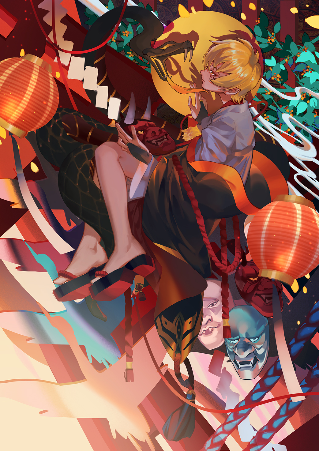 1boy, bird, blonde_hair, ccrxx110, full_body, hannya, highres, lantern